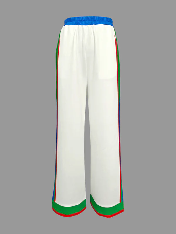 Column Contrast Color Pockets Striped Casual Pants Bottoms Trousers - Image 4