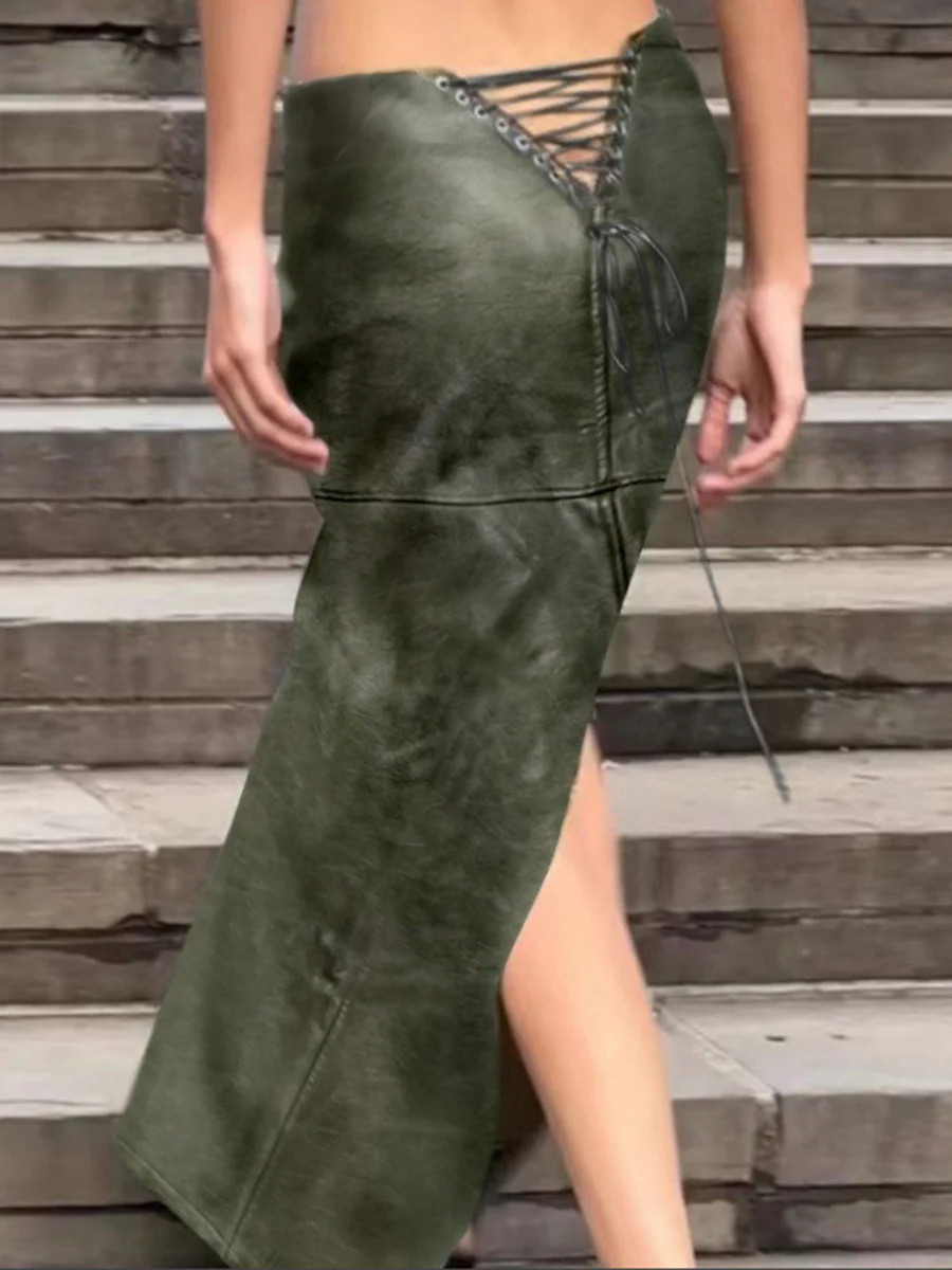 Column High Waisted Pockets Solid Color Split-Joint Split-Side Zipper Skirts Bottoms - Image 2