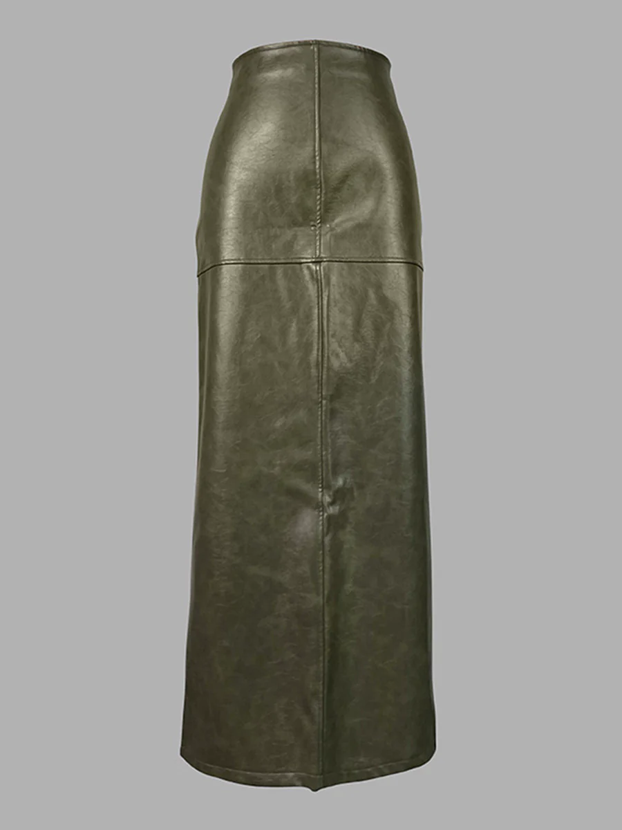 Column High Waisted Pockets Solid Color Split-Joint Split-Side Zipper Skirts Bottoms - Image 3