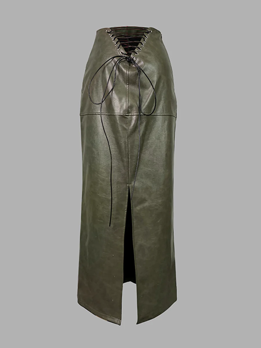 Column High Waisted Pockets Solid Color Split-Joint Split-Side Zipper Skirts Bottoms - Image 5
