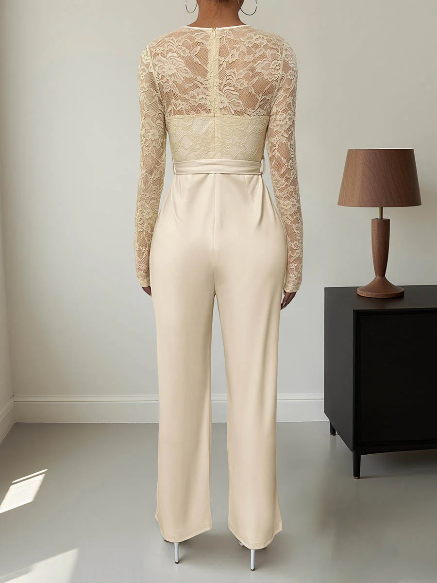 Column High Waisted See-Through Solid Color Split-Joint Tied Waist Round-Neck Jumpsuits - Image 10