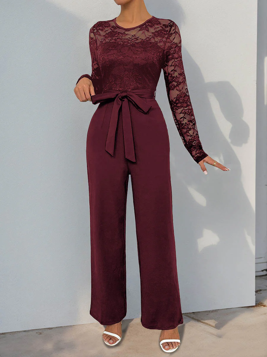 Column High Waisted See-Through Solid Color Split-Joint Tied Waist Round-Neck Jumpsuits - Image 2
