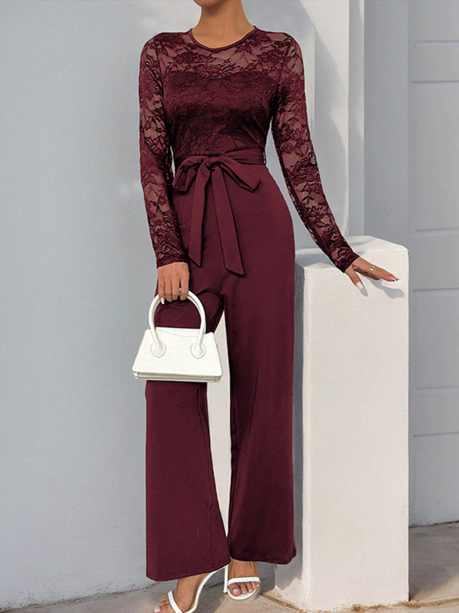 Column High Waisted See-Through Solid Color Split-Joint Tied Waist Round-Neck Jumpsuits - Image 3