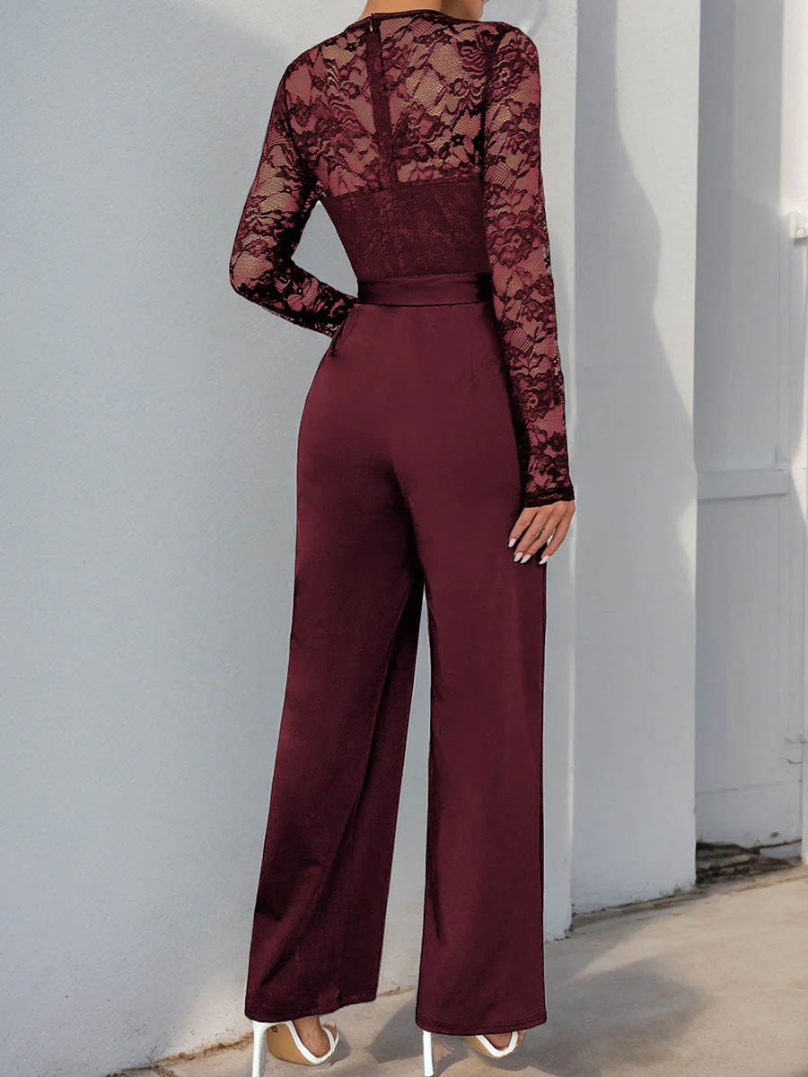 Column High Waisted See-Through Solid Color Split-Joint Tied Waist Round-Neck Jumpsuits - Image 4