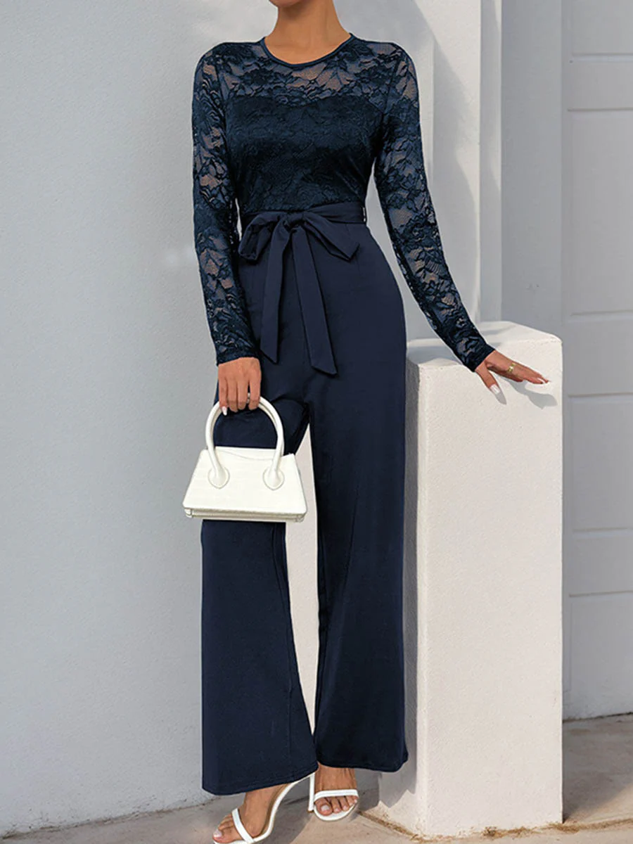 Column High Waisted See-Through Solid Color Split-Joint Tied Waist Round-Neck Jumpsuits - Image 5