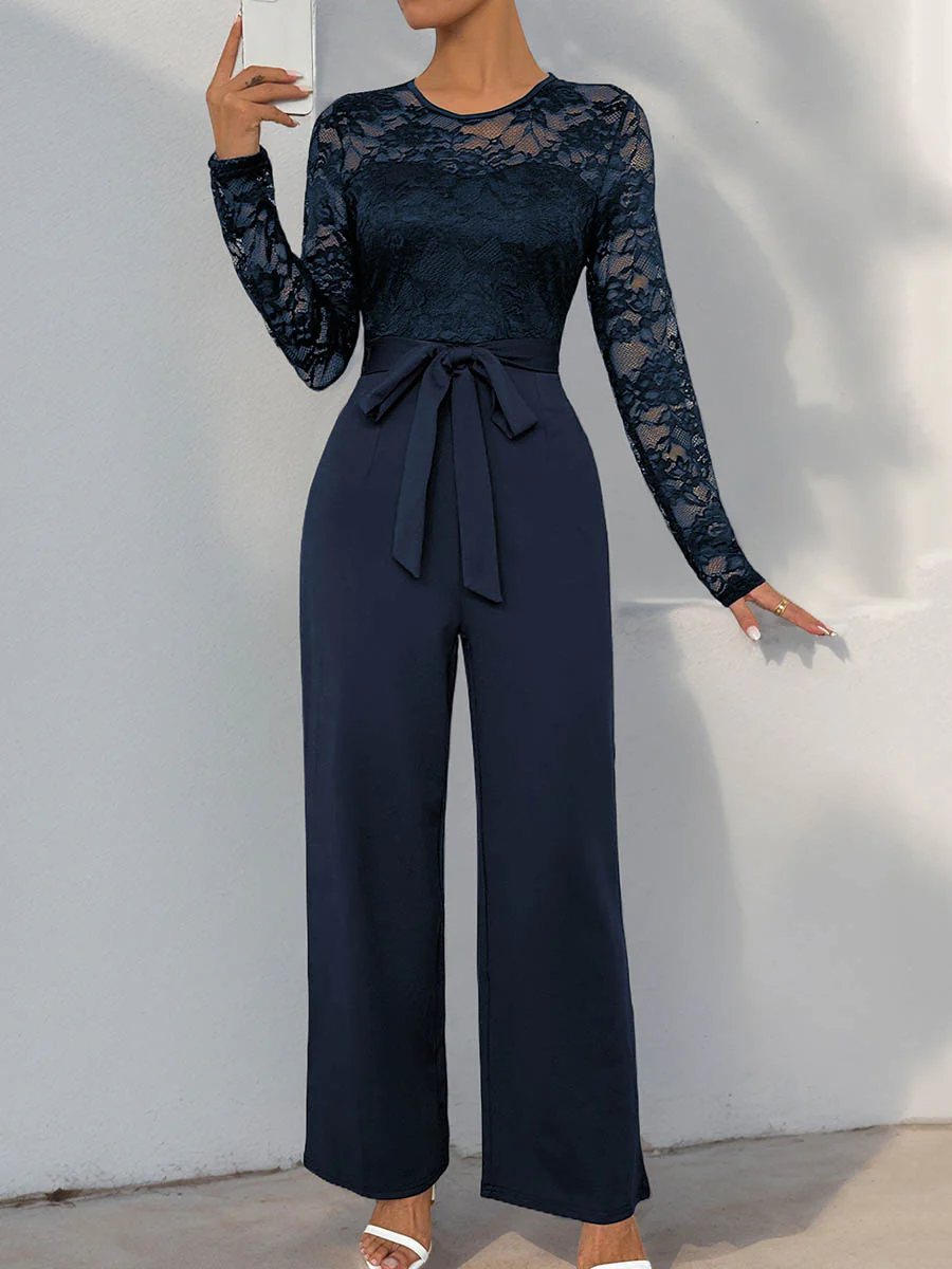 Column High Waisted See-Through Solid Color Split-Joint Tied Waist Round-Neck Jumpsuits - Image 6