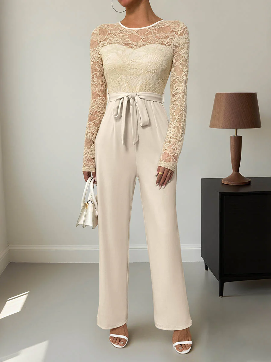 Column High Waisted See-Through Solid Color Split-Joint Tied Waist Round-Neck Jumpsuits - Image 8