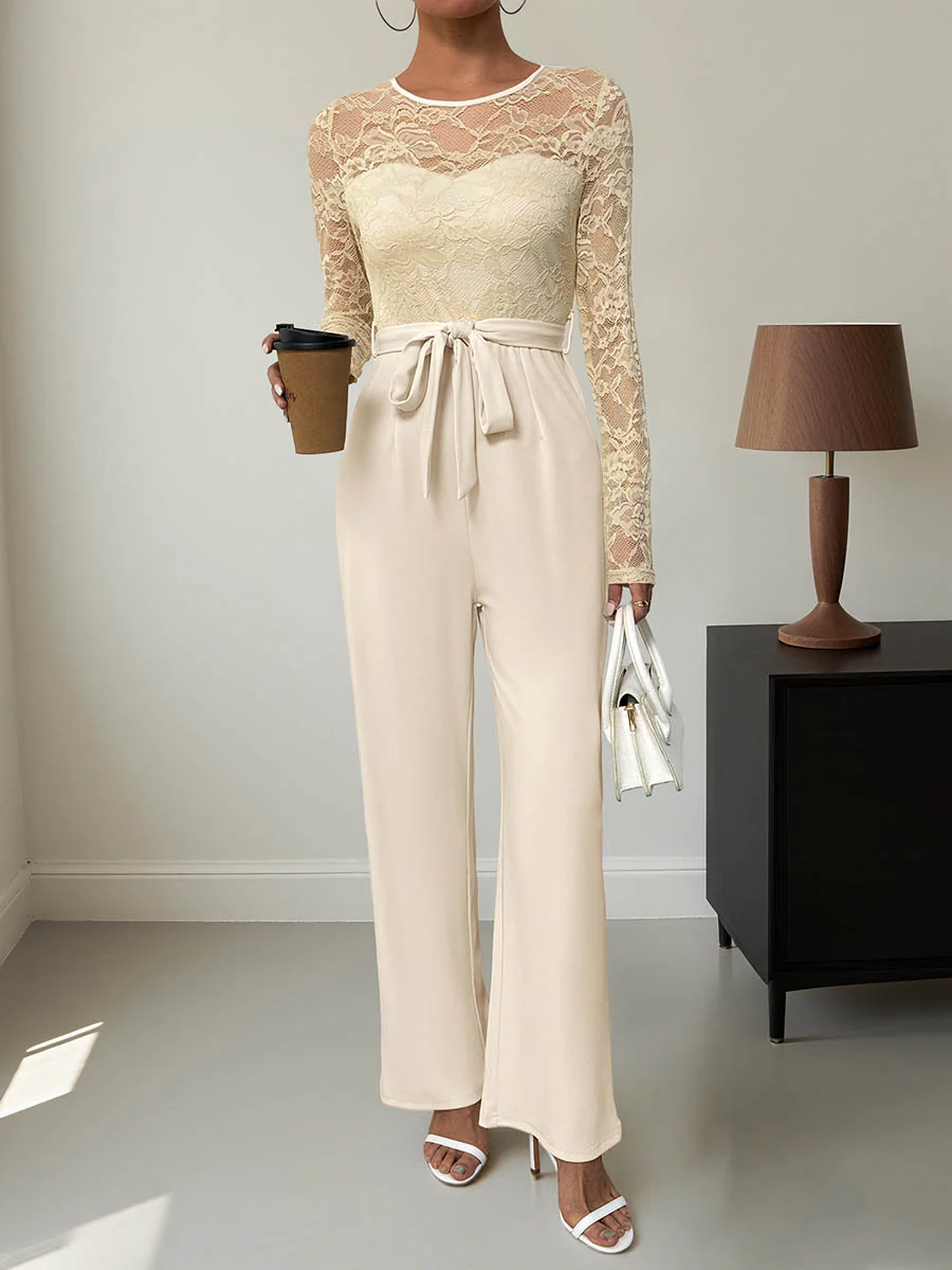 Column High Waisted See-Through Solid Color Split-Joint Tied Waist Round-Neck Jumpsuits - Image 9