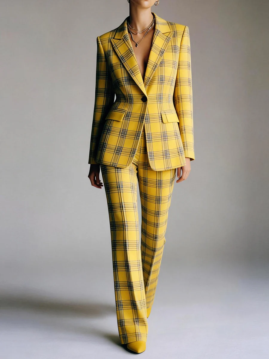 Column Loose Contrast Color Plaid Split-Joint Blazer Pants - Image 2