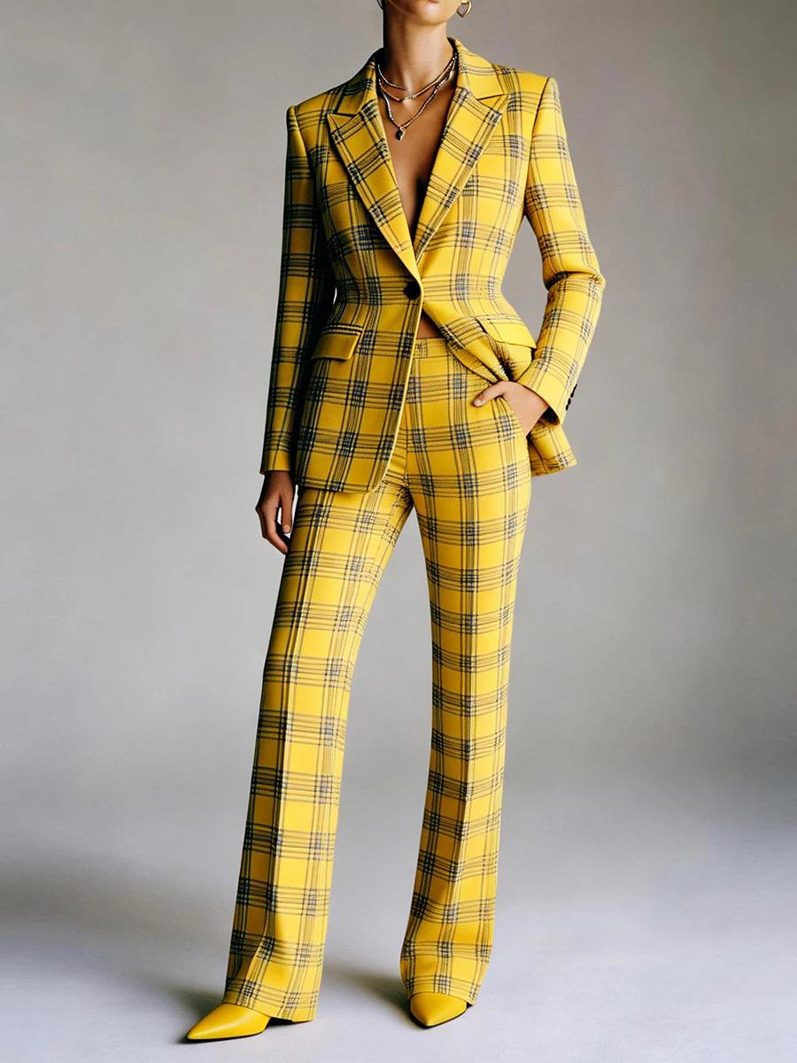 Column Loose Contrast Color Plaid Split-Joint Blazer Pants - Image 3