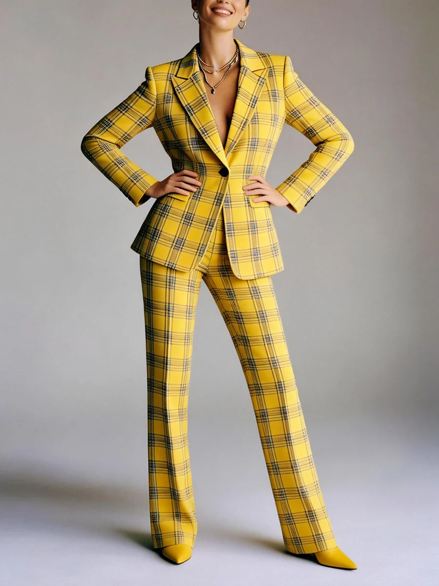 Column Loose Contrast Color Plaid Split-Joint Blazer Pants - Image 4