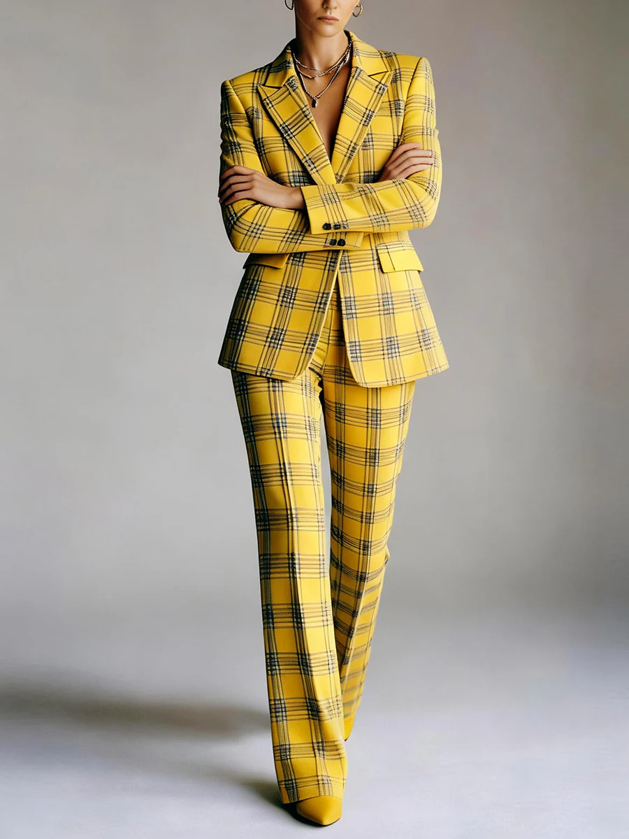 Column Loose Contrast Color Plaid Split-Joint Blazer Pants - Image 5