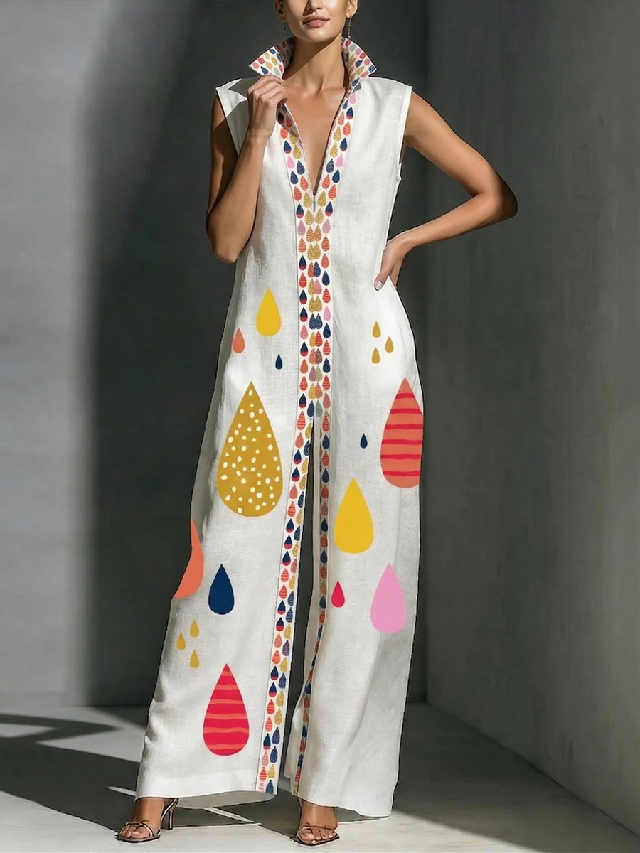 Column Loose Contrast Color Pockets Printed Split-Joint Stand Collar Jumpsuits - Image 2