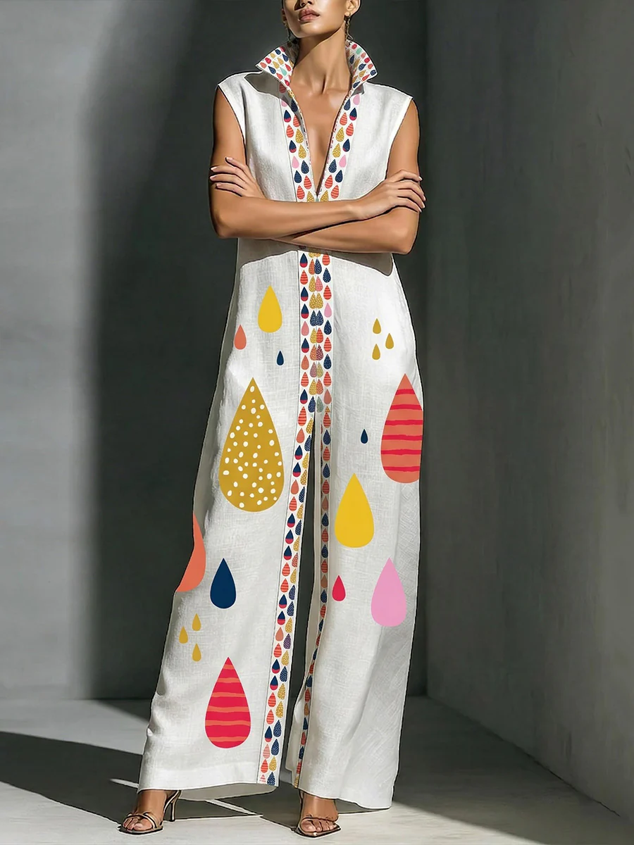 Column Loose Contrast Color Pockets Printed Split-Joint Stand Collar Jumpsuits - Image 3
