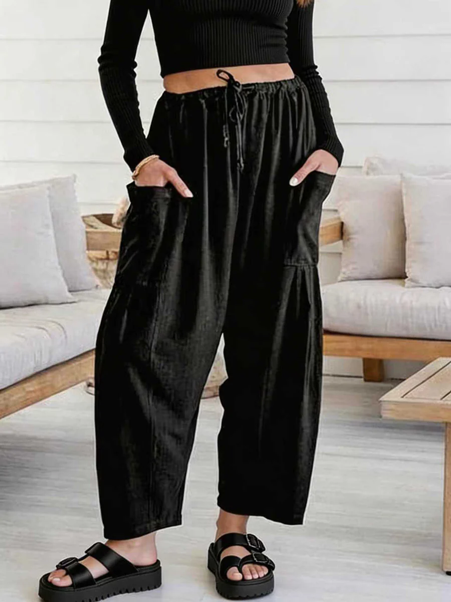 Column Loose Elasticity Pockets Solid Color Casual Pants Bottoms Trousers