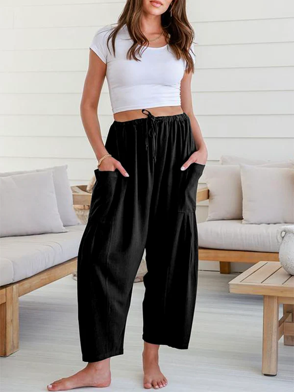 Column Loose Elasticity Pockets Solid Color Casual Pants Bottoms Trousers - Image 10