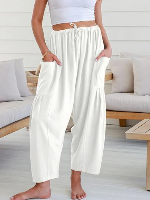 Column Loose Elasticity Pockets Solid Color Casual Pants Bottoms Trousers - Image 2