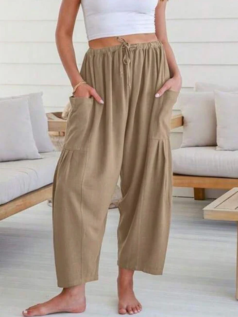 Column Loose Elasticity Pockets Solid Color Casual Pants Bottoms Trousers - Image 3