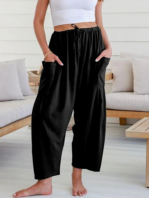 Column Loose Elasticity Pockets Solid Color Casual Pants Bottoms Trousers - Image 4