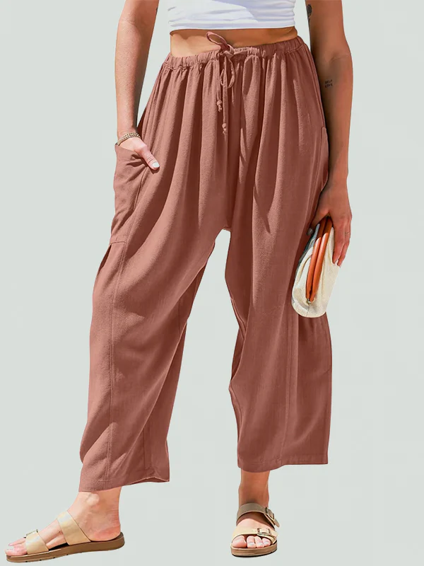 Column Loose Elasticity Pockets Solid Color Casual Pants Bottoms Trousers - Image 5