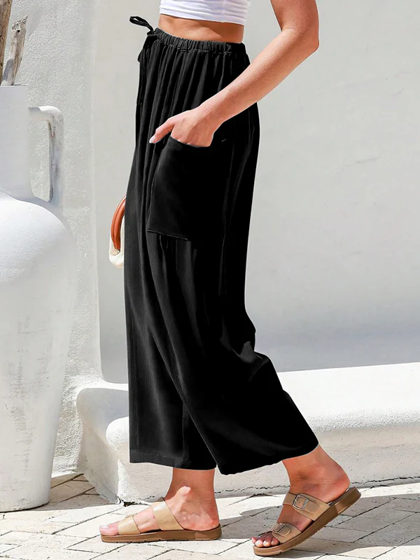 Column Loose Elasticity Pockets Solid Color Casual Pants Bottoms Trousers - Image 6