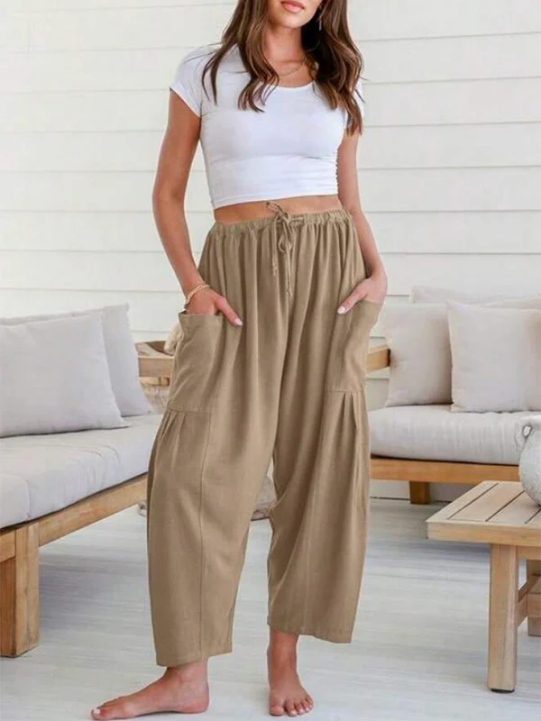 Column Loose Elasticity Pockets Solid Color Casual Pants Bottoms Trousers - Image 9