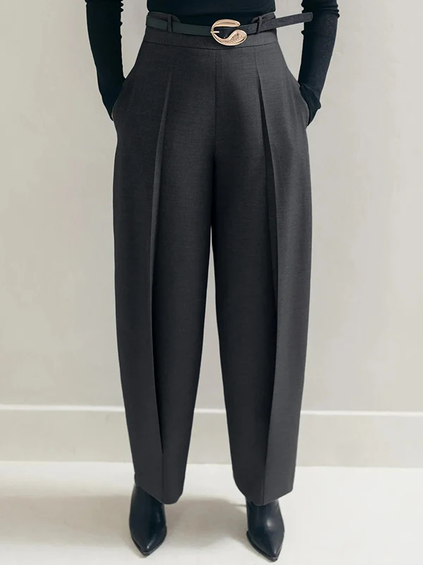 Column No Belt Solid Color Casual Pants Bottoms Trousers - Image 3