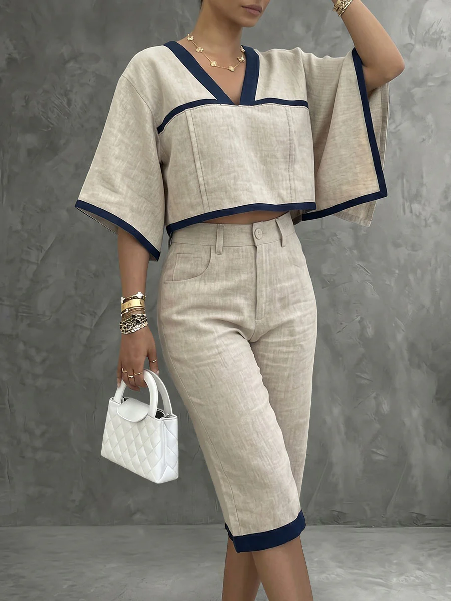 Contrast Color Cropped Batwing Sleeves V-Neck Blouses&Shirts Tops + Buttoned No Belt Pockets Cropped Trousers Two Pieces Set