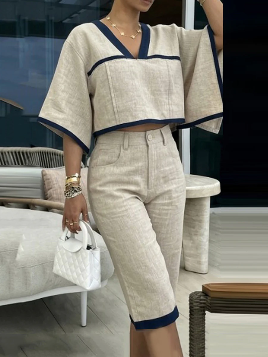 Contrast Color Cropped Batwing Sleeves V-Neck Blouses&Shirts Tops + Buttoned No Belt Pockets Cropped Trousers Two Pieces Set - Image 5