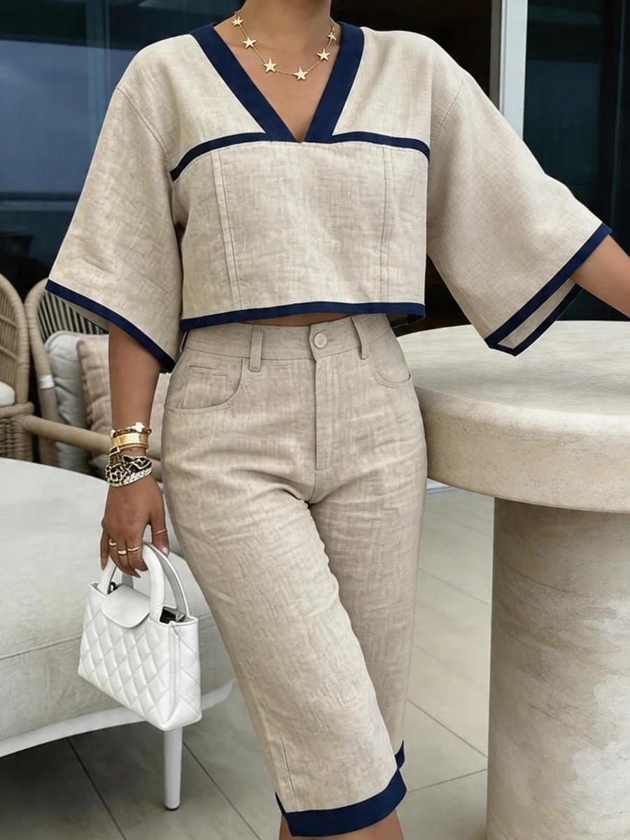Contrast Color Cropped Batwing Sleeves V-Neck Blouses&Shirts Tops + Buttoned No Belt Pockets Cropped Trousers Two Pieces Set - Image 6