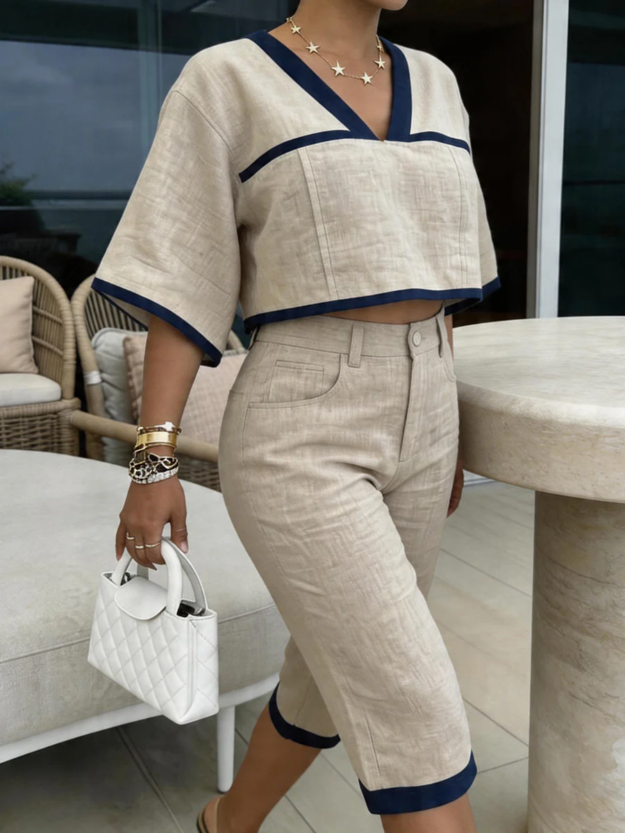 Contrast Color Cropped Batwing Sleeves V-Neck Blouses&Shirts Tops + Buttoned No Belt Pockets Cropped Trousers Two Pieces Set - Image 7