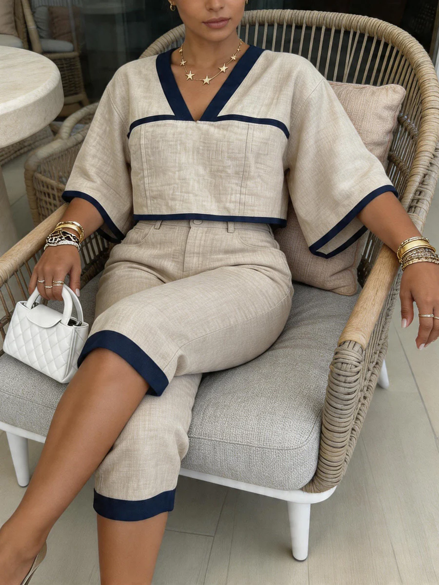 Contrast Color Cropped Batwing Sleeves V-Neck Blouses&Shirts Tops + Buttoned No Belt Pockets Cropped Trousers Two Pieces Set - Image 8