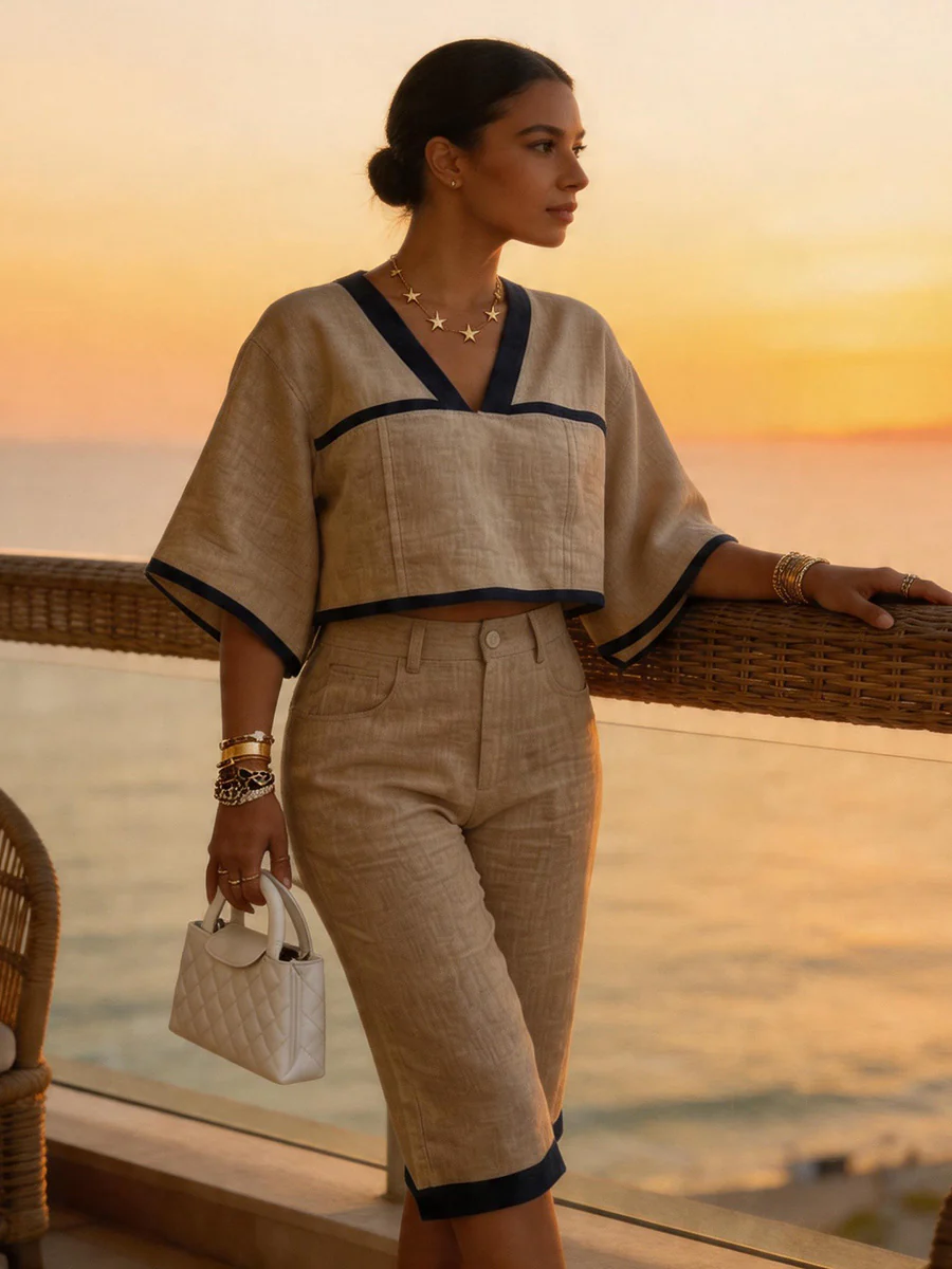 Contrast Color Cropped Batwing Sleeves V-Neck Blouses&Shirts Tops + Buttoned No Belt Pockets Cropped Trousers Two Pieces Set - Image 9