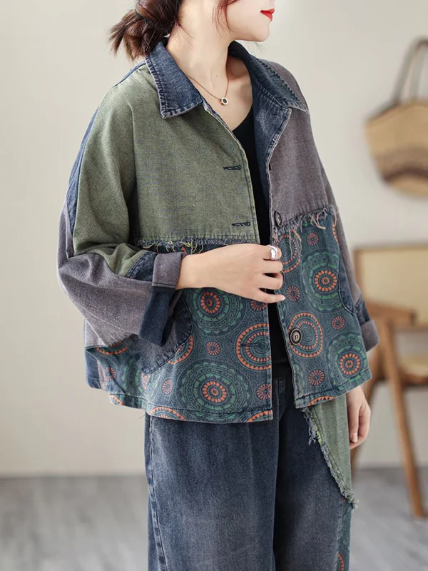 Contrast Color Fringed Split-Joint Long Sleeves Printed Outwear + Harem Pants  Two Pieces Set - Image 10