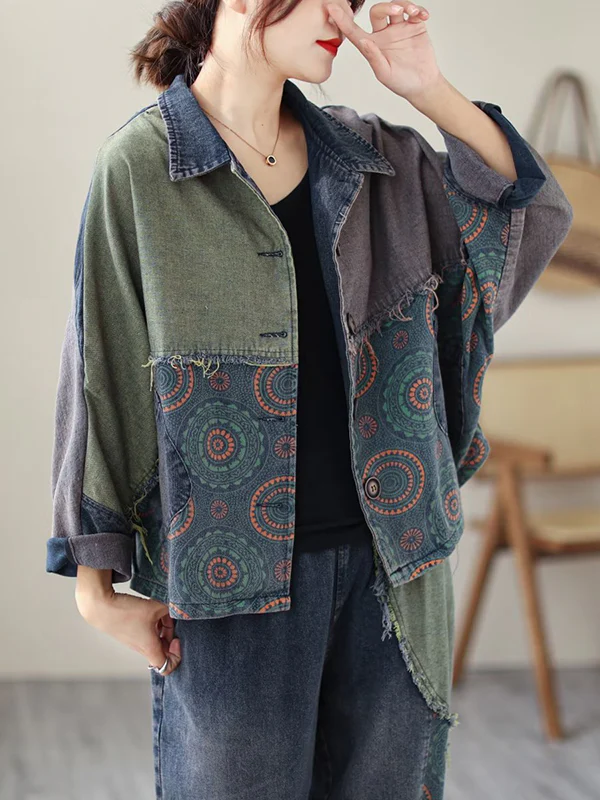 Contrast Color Fringed Split-Joint Long Sleeves Printed Outwear + Harem Pants  Two Pieces Set - Image 11