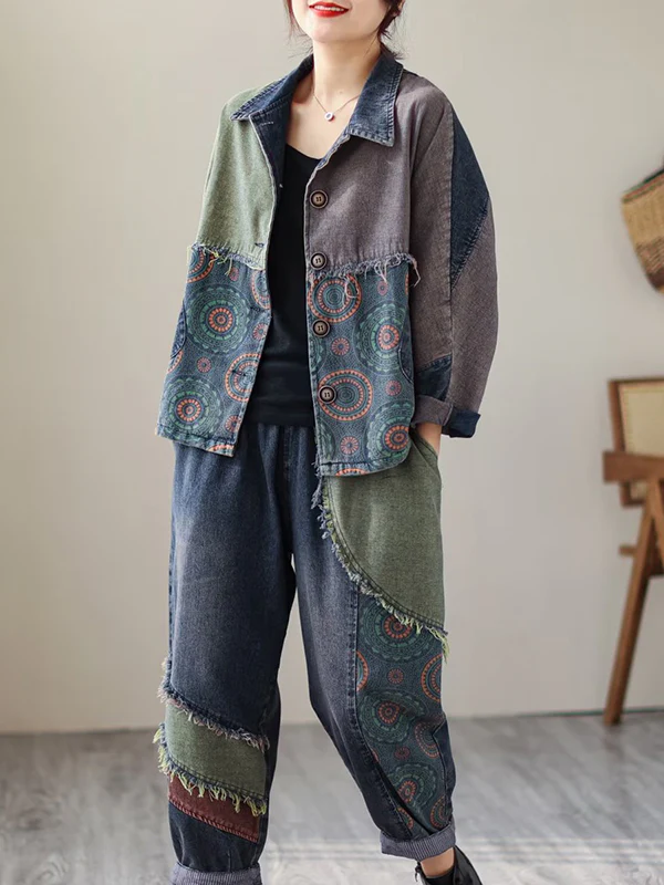 Contrast Color Fringed Split-Joint Long Sleeves Printed Outwear + Harem Pants  Two Pieces Set - Image 13