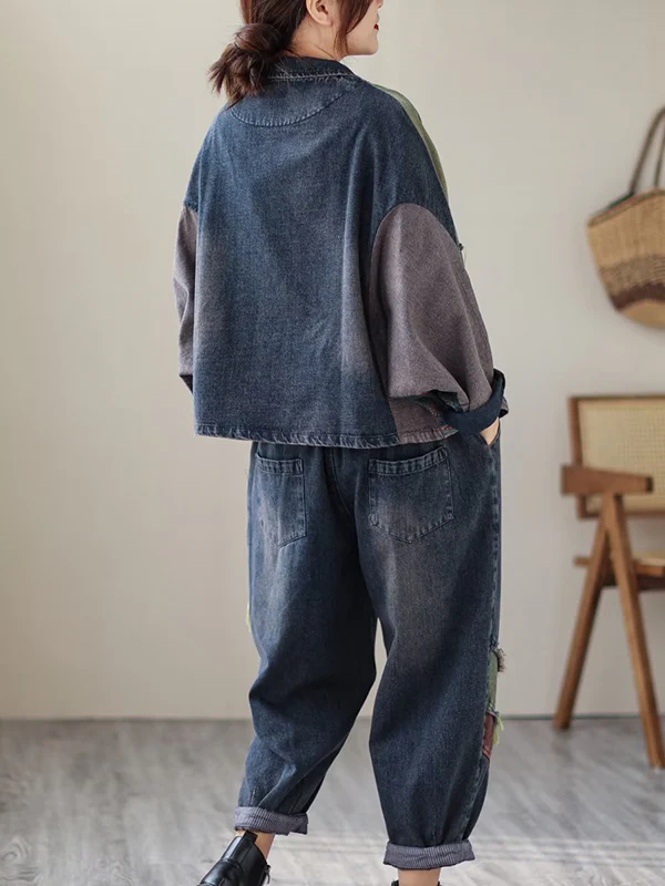 Contrast Color Fringed Split-Joint Long Sleeves Printed Outwear + Harem Pants  Two Pieces Set - Image 14