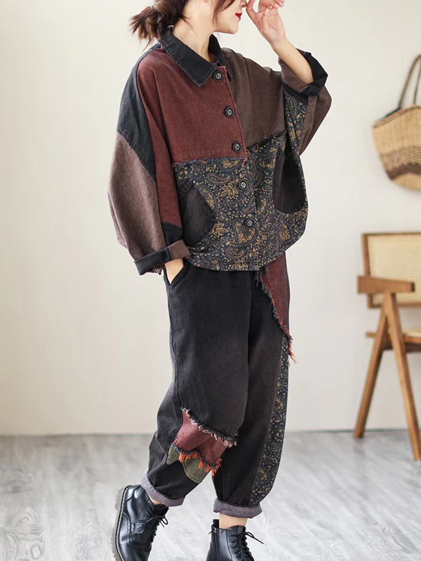 Contrast Color Fringed Split-Joint Long Sleeves Printed Outwear + Harem Pants  Two Pieces Set - Image 15