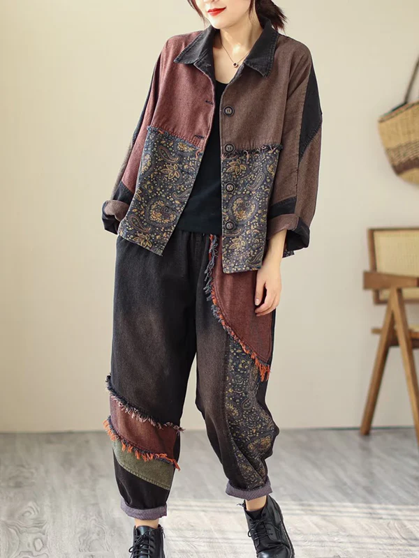 Contrast Color Fringed Split-Joint Long Sleeves Printed Outwear + Harem Pants  Two Pieces Set - Image 16