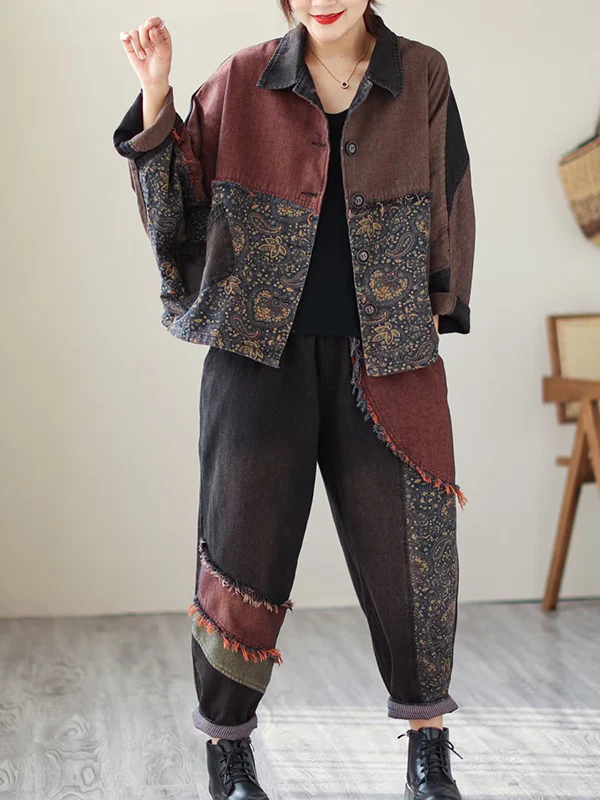 Contrast Color Fringed Split-Joint Long Sleeves Printed Outwear + Harem Pants  Two Pieces Set - Image 17