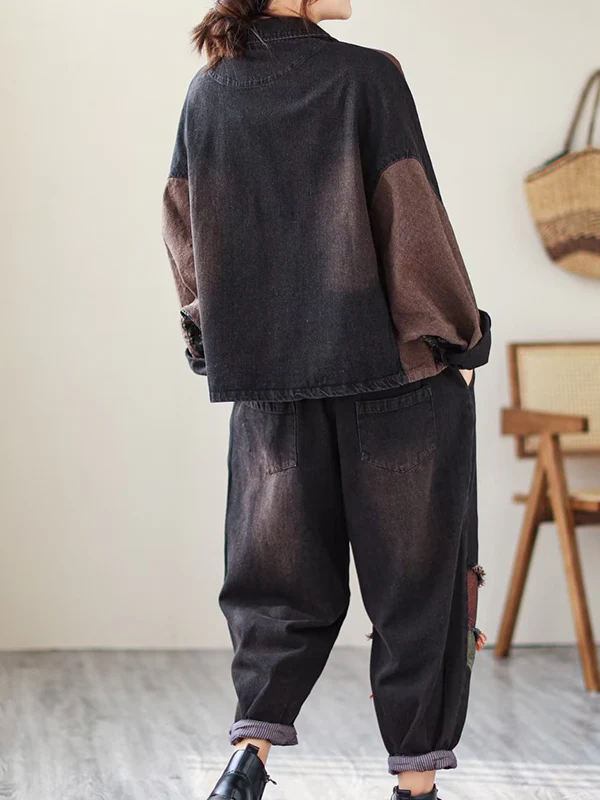 Contrast Color Fringed Split-Joint Long Sleeves Printed Outwear + Harem Pants  Two Pieces Set - Image 18
