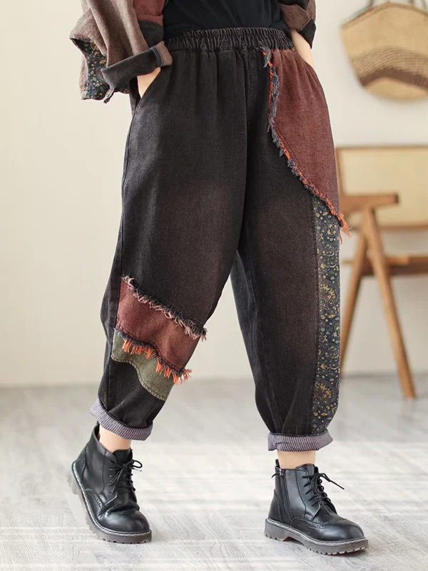 Contrast Color Fringed Split-Joint Long Sleeves Printed Outwear + Harem Pants  Two Pieces Set - Image 19