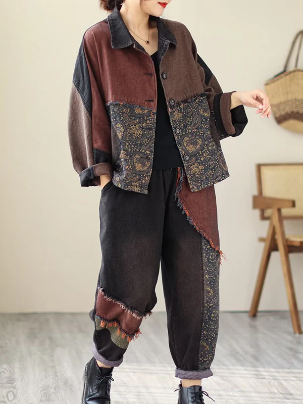 Contrast Color Fringed Split-Joint Long Sleeves Printed Outwear + Harem Pants  Two Pieces Set - Image 2