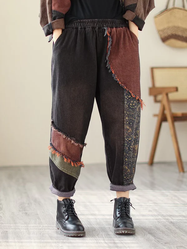 Contrast Color Fringed Split-Joint Long Sleeves Printed Outwear + Harem Pants  Two Pieces Set - Image 20