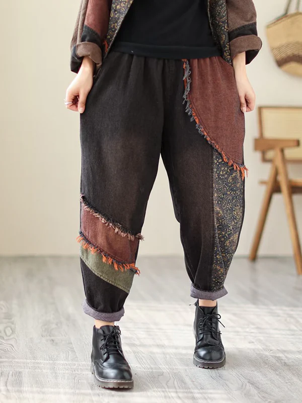 Contrast Color Fringed Split-Joint Long Sleeves Printed Outwear + Harem Pants  Two Pieces Set - Image 21