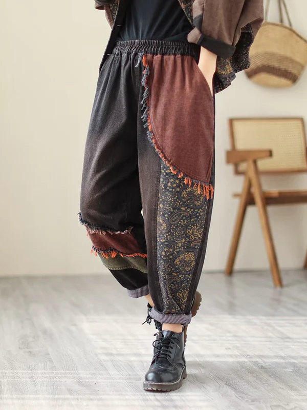 Contrast Color Fringed Split-Joint Long Sleeves Printed Outwear + Harem Pants  Two Pieces Set - Image 22
