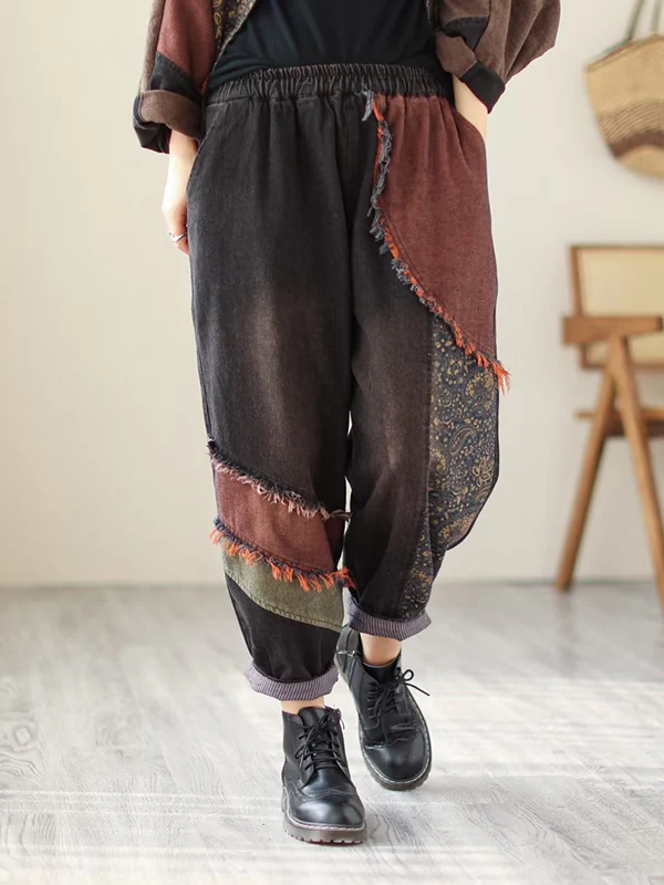 Contrast Color Fringed Split-Joint Long Sleeves Printed Outwear + Harem Pants  Two Pieces Set - Image 23
