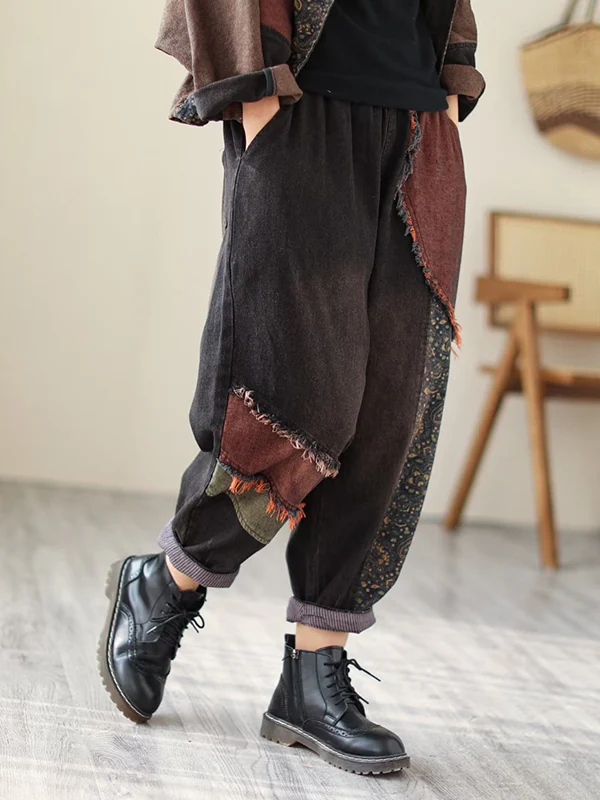 Contrast Color Fringed Split-Joint Long Sleeves Printed Outwear + Harem Pants  Two Pieces Set - Image 24