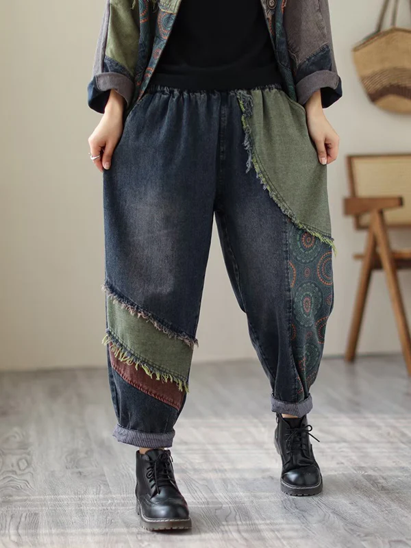 Contrast Color Fringed Split-Joint Long Sleeves Printed Outwear + Harem Pants  Two Pieces Set - Image 25