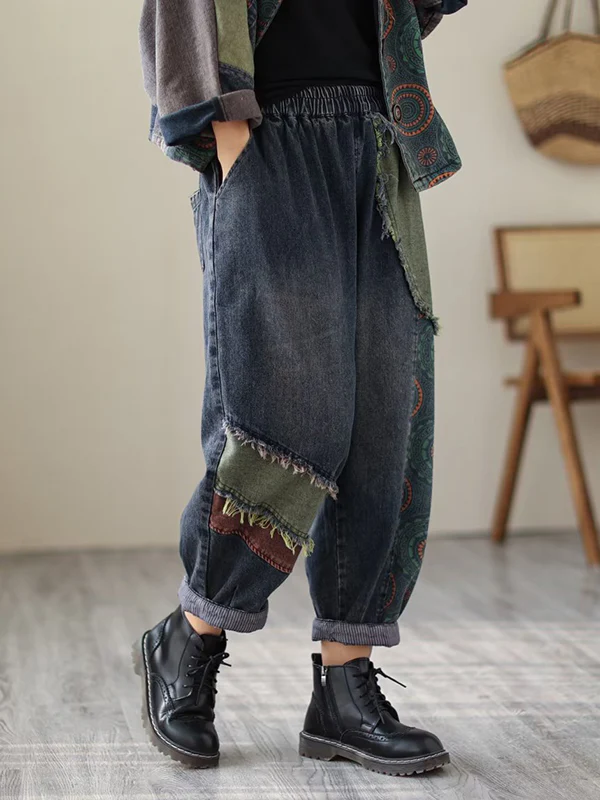 Contrast Color Fringed Split-Joint Long Sleeves Printed Outwear + Harem Pants  Two Pieces Set - Image 26